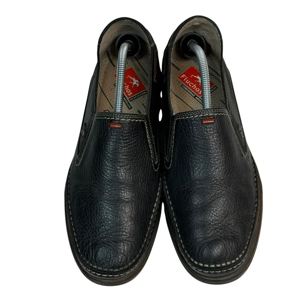 Fluchos Mens Black Pebbled Leather Slip On Loafers Spain EU 44 Shock Absorb
